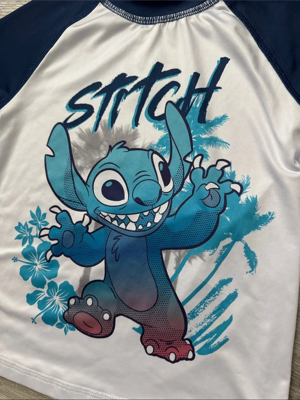 Disney Navy and White Stitch Swim Short Sleeve Rashguard Size 4/5